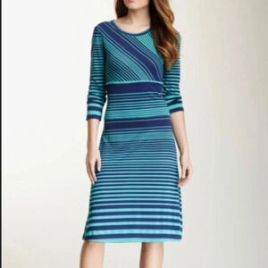 BCBGMAXAZRIA Cintia Teal Sea Blue Green Stripe Shift Dress Open Back Size Large